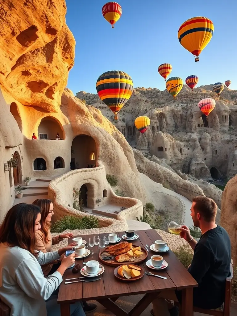 A charming boutique hotel in Cappadocia, Turkey, featuring its unique cave-like architecture, hot air balloons floating in the background, and guests enjoying a traditional Turkish breakfast.