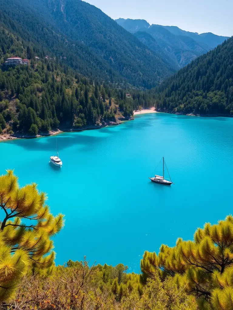 A serene photograph of Fethiye, Turkey, capturing the breathtaking Ölüdeniz (Blue Lagoon) with its crystal-clear turquoise waters and surrounding pine-covered mountains. The image should emphasize the area's natural beauty and suitability for relaxation and adventure.