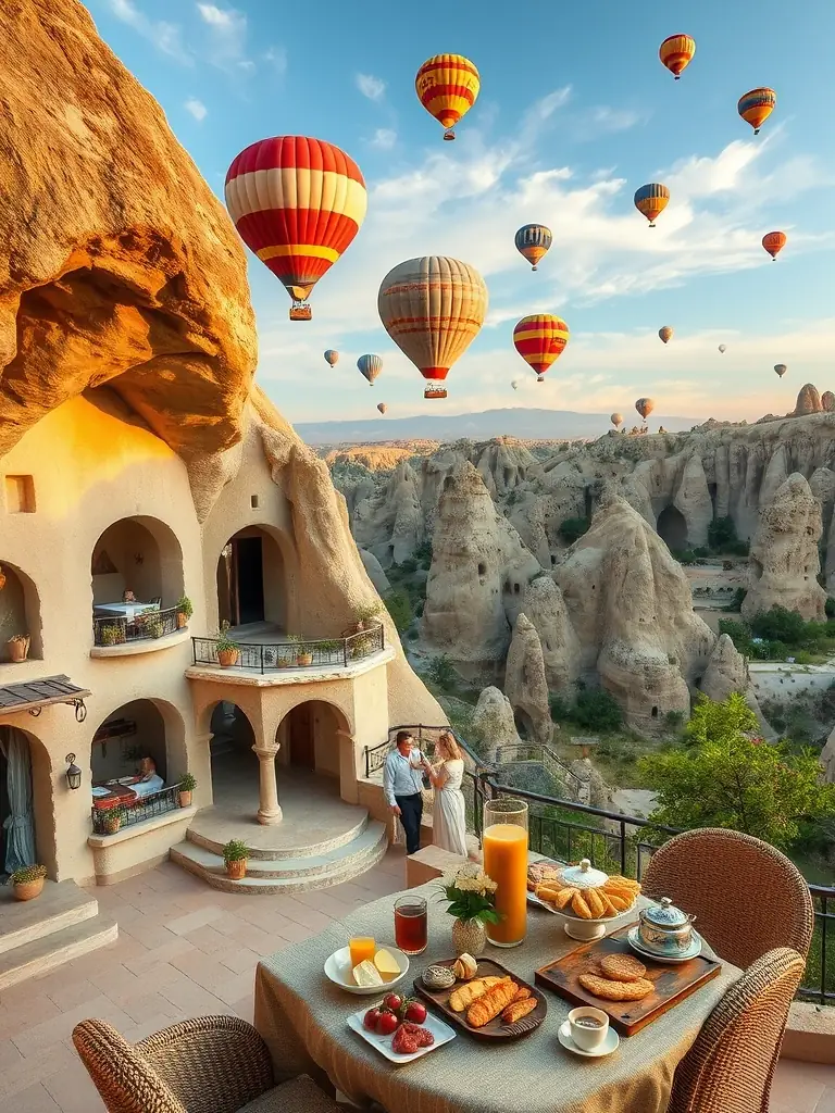 A charming boutique hotel in Cappadocia, Turkey, featuring unique cave rooms, hot air balloons in the background, and a traditional Turkish breakfast.
