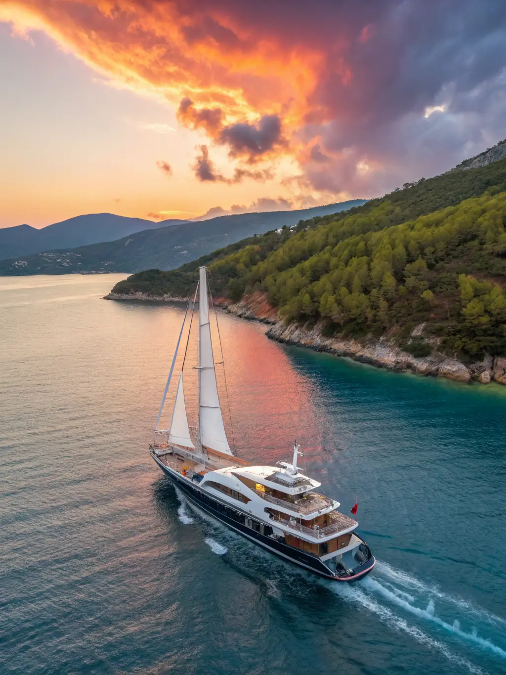 A picturesque scene of Marmaris, Turkey, showing a bustling harbor filled with yachts and boats, surrounded by lush green hills. The image should convey a sense of adventure and relaxation, highlighting the town's natural beauty and recreational opportunities.