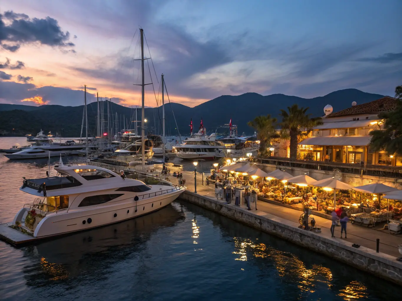 A captivating photograph of Marmaris, Turkey, highlighting its lush green mountains, serene bay filled with sailing boats, and the charming town nestled along the coast.