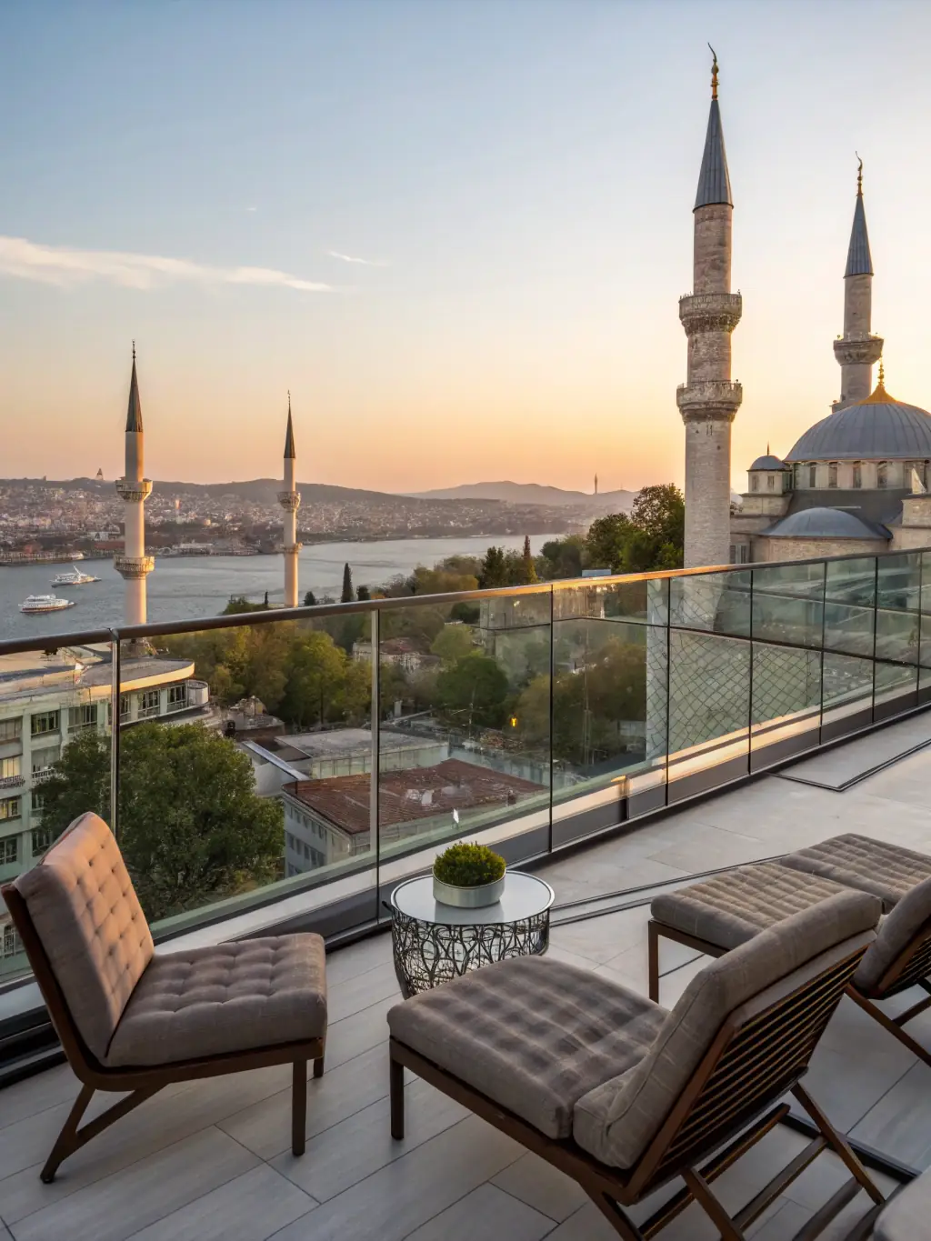 A modern city hotel in Istanbul, Turkey, with a rooftop terrace offering panoramic views of the city skyline and historical landmarks.