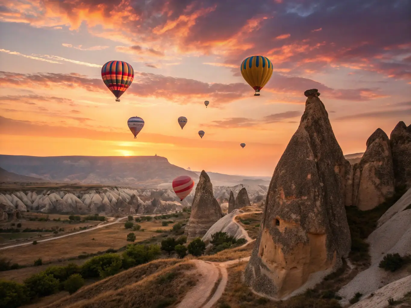 A scenic view of Cappadocia's hot air balloons at sunrise, showcasing the unique landscape and popular tourist activity.