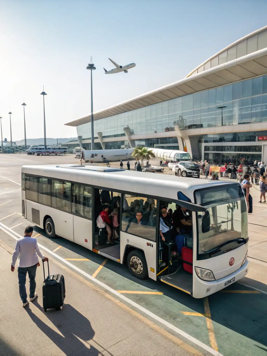 A group of tourists is happily boarding a spacious shuttle bus at Antalya Airport, ready for a convenient transfer to their resort. The image should convey affordability and ease.