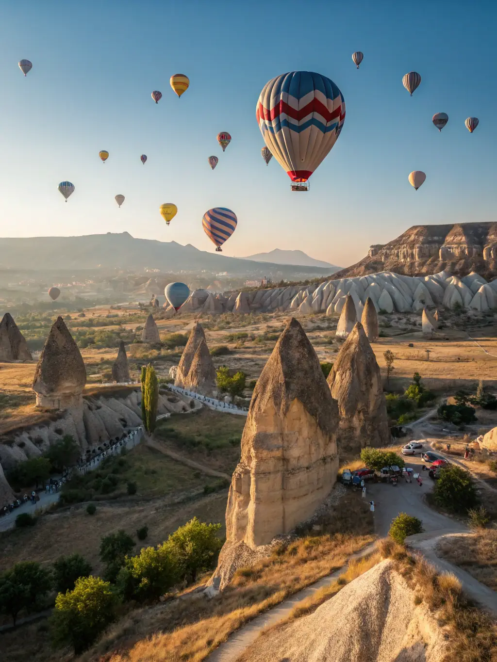 A scenic view of Cappadocia, Turkey, with hot air balloons floating over the unique rock formations at sunrise. This image represents the adventure and beauty of Turkish destinations.