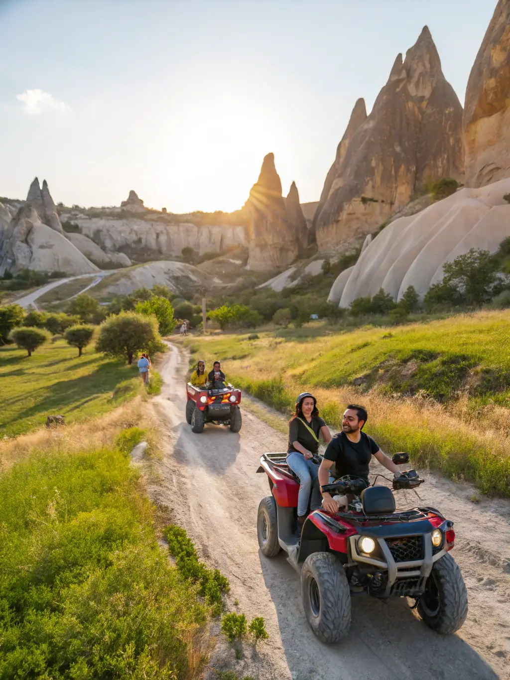 A vibrant photo of a guided bus tour through Cappadocia, Turkey, showcasing the unique rock formations and hot air balloons in the background.