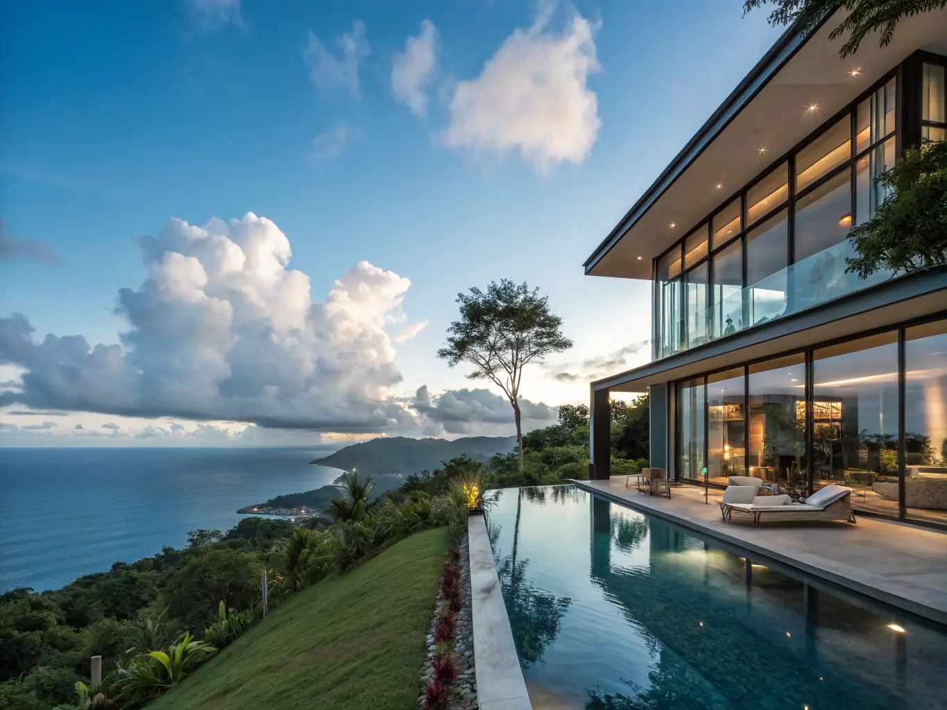 A modern villa with floor-to-ceiling windows offering stunning views of the Istanbul skyline and the Bosphorus Strait.