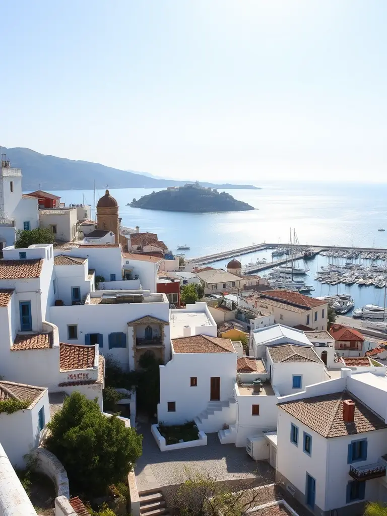 A serene and picturesque resort in Bodrum, Turkey, featuring its whitewashed buildings, a private marina with yachts, and guests enjoying a sunset cocktail by the sea.