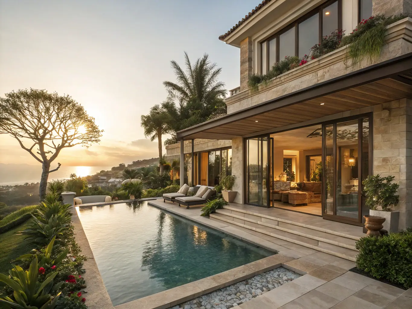 A luxurious villa with a private pool overlooking the turquoise waters of the Mediterranean Sea in Antalya, Turkey. The villa features modern architecture and lush landscaping.