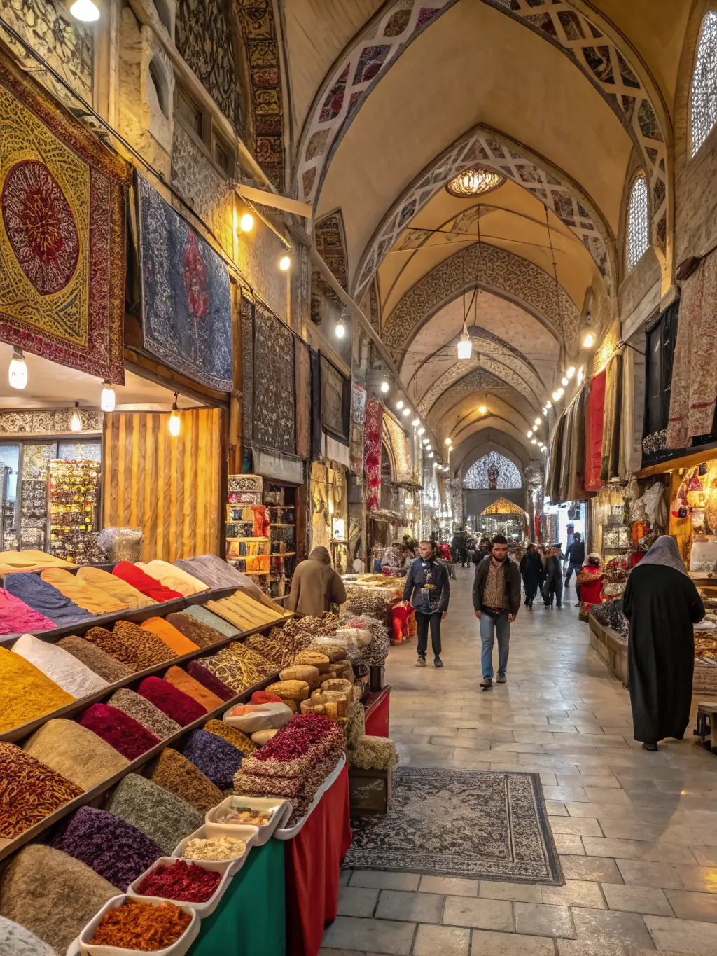 A bustling scene from the Grand Bazaar in Istanbul, filled with colorful shops, vendors, and tourists.