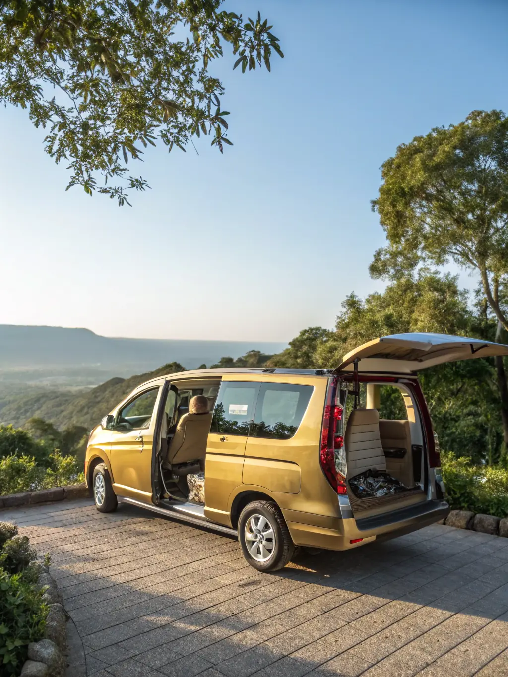 A family minivan parked near a popular tourist attraction in Antalya, emphasizing space and convenience.