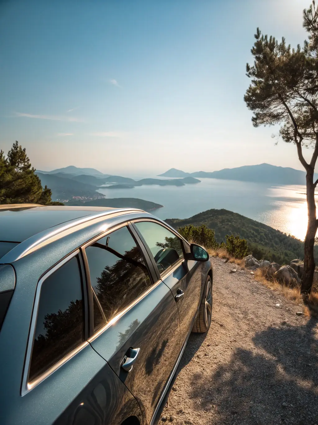 A compact car parked in front of a scenic Turkish coastal road, showcasing the freedom of independent travel.