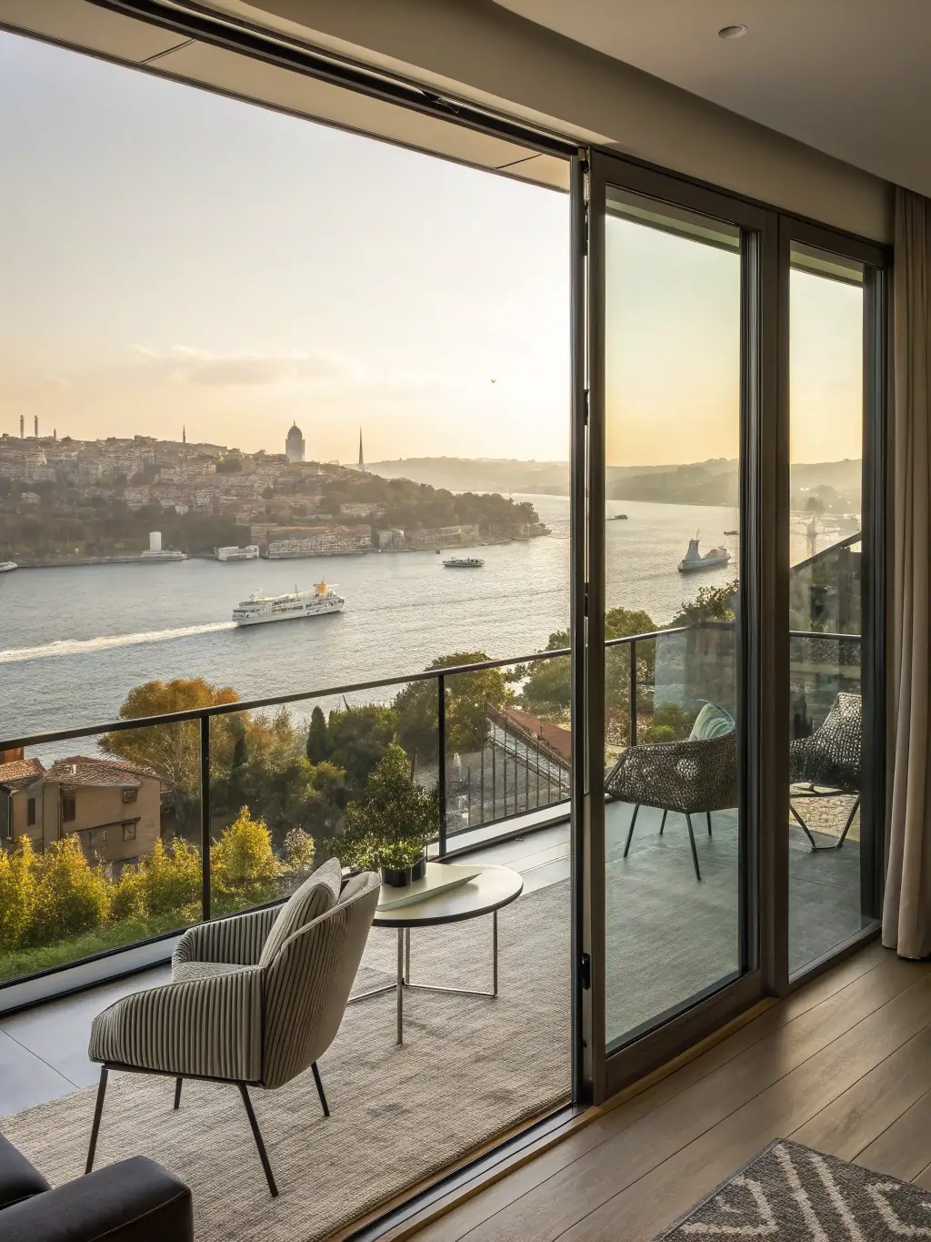 A scenic view of the Bosphorus Strait in Istanbul, with boats sailing and the city skyline in the background.