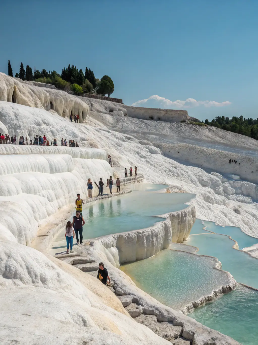 A picturesque view of Pamukkale's white terraces and thermal pools. This image represents the unique natural beauty of Turkey.